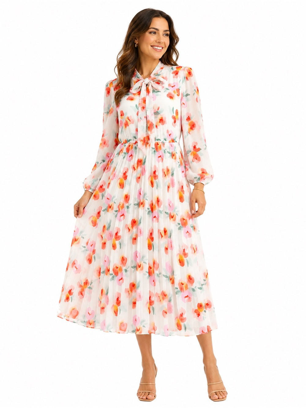 Lark + Grey Tie-Neck Floral Midi Dress in White with Pink & Orange Print - Picture 1 of 9